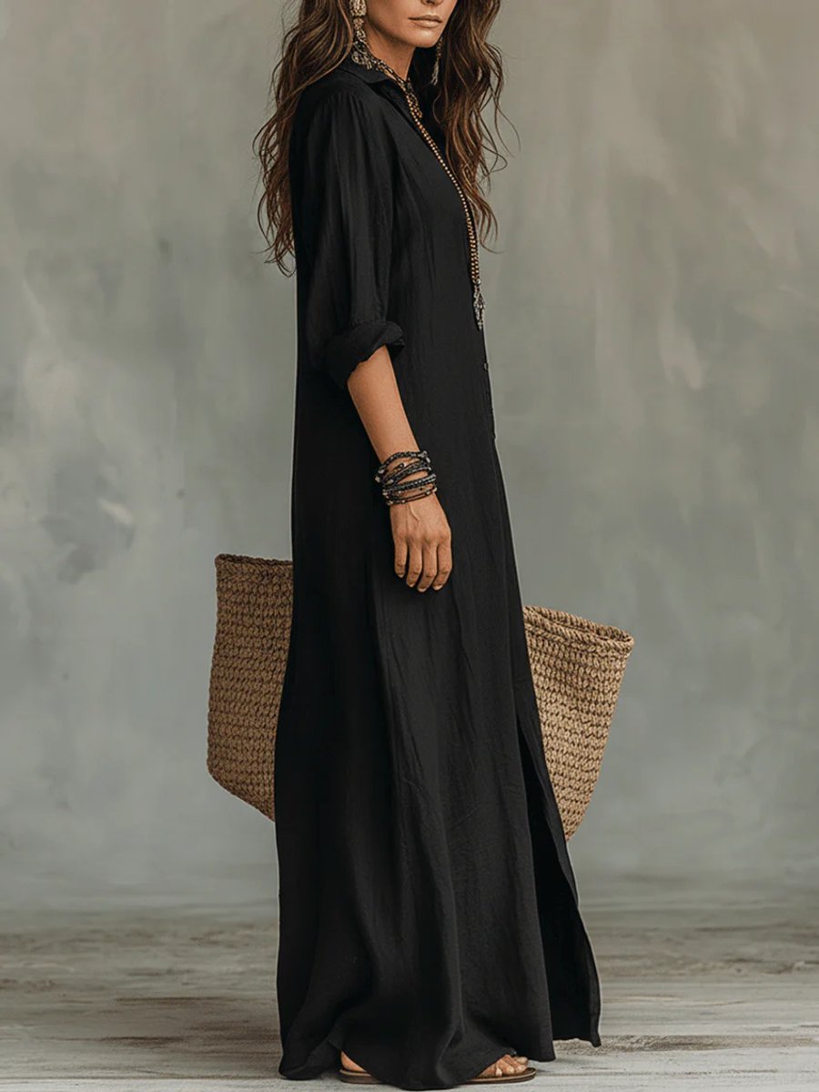 Damen Langarmkleid Lässiges Maxi-Hemdblusenkleid mit V-Ausschnitt