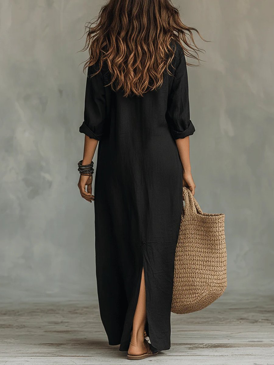 Damen Langarmkleid Lässiges Maxi-Hemdblusenkleid mit V-Ausschnitt