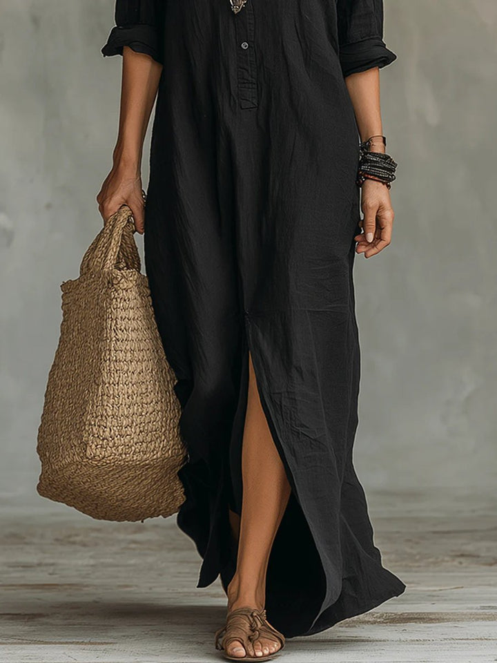 Damen Langarmkleid Lässiges Maxi-Hemdblusenkleid mit V-Ausschnitt
