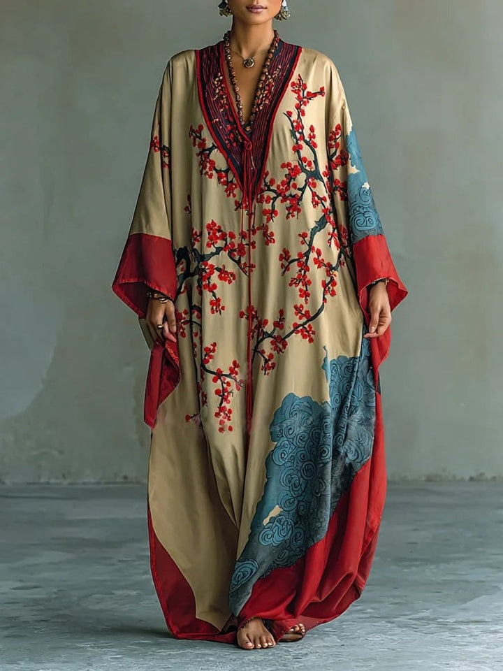 Damen Langarmkleid Maxi Fledermausärmel Japanischer Pflaumenblüten-Print - Rot