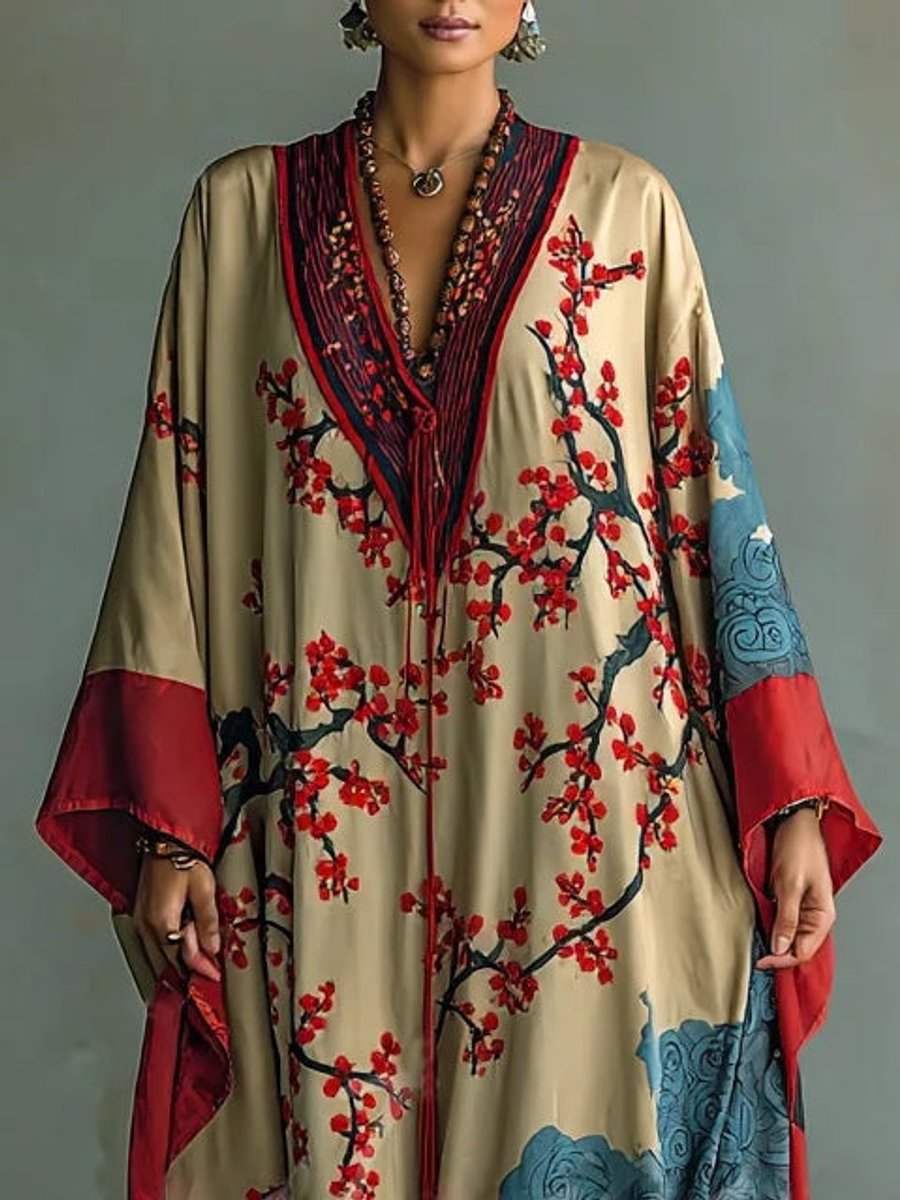Damen Langarmkleid Maxi Fledermausärmel Japanischer Pflaumenblüten-Print