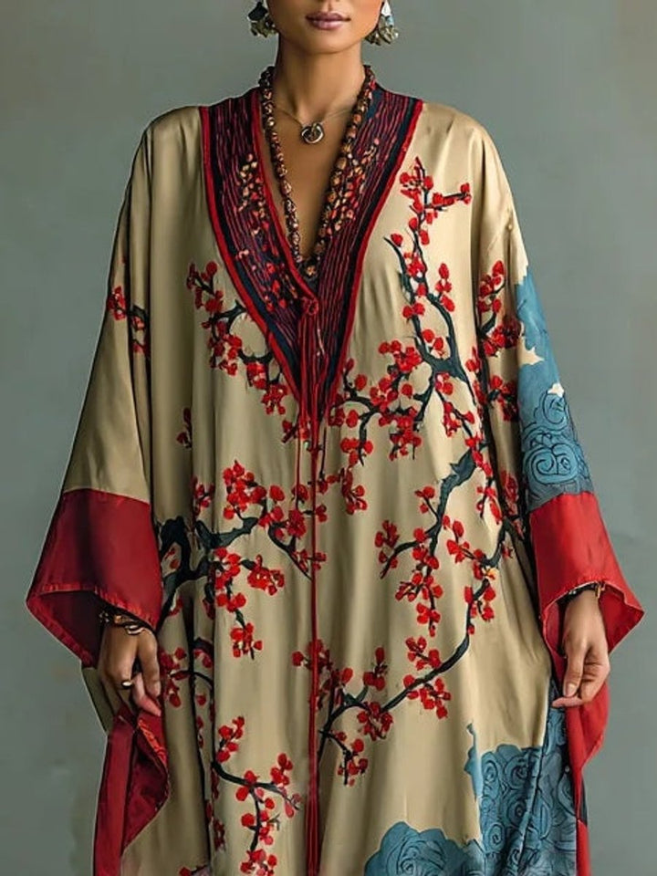 Damen Langarmkleid Maxi Fledermausärmel Japanischer Pflaumenblüten-Print