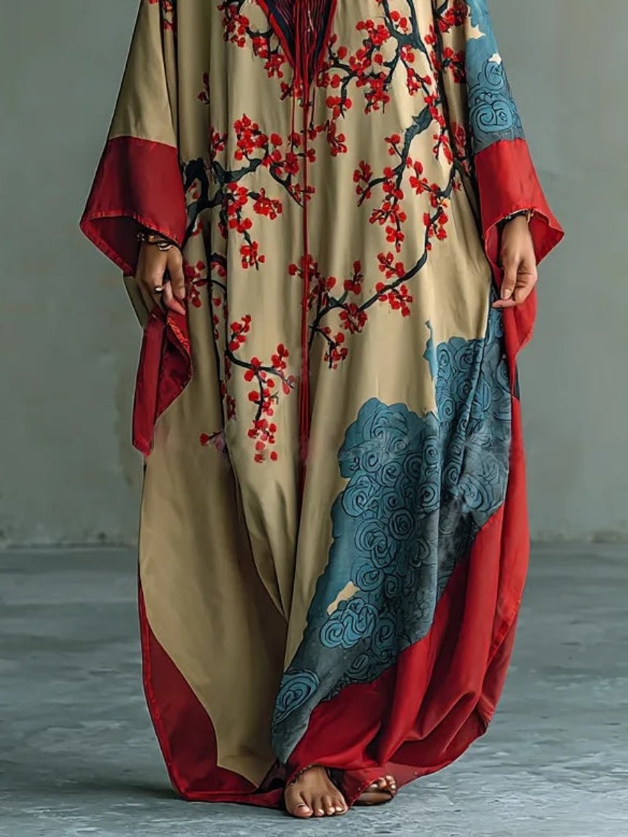 Damen Langarmkleid Maxi Fledermausärmel Japanischer Pflaumenblüten-Print