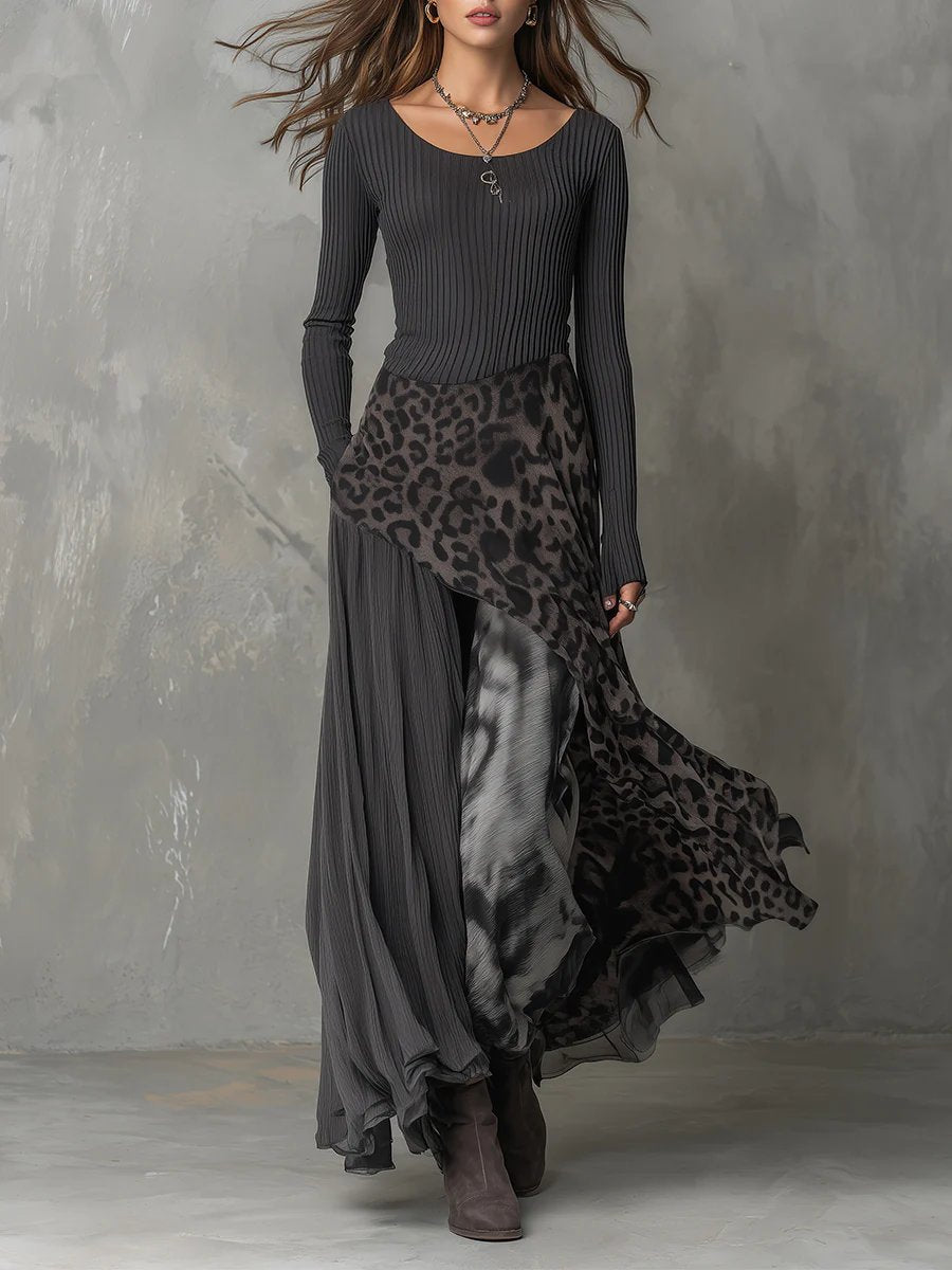 Damen Langarmkleid Maxi Rippstrick Leopardenmuster Chiffon unregelmäßiger Saum - Grau
