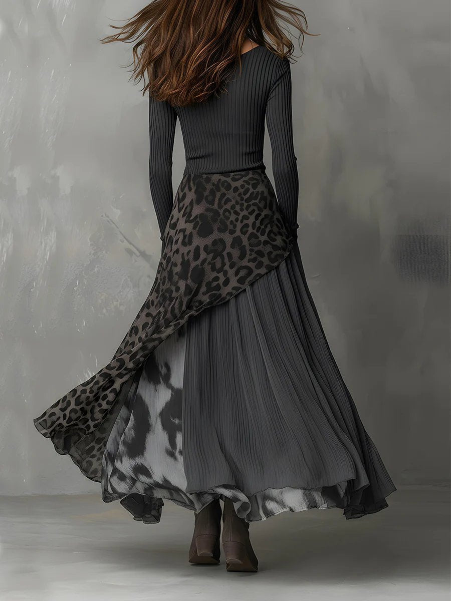 Damen Langarmkleid Maxi Rippstrick Leopardenmuster Chiffon unregelmäßiger Saum