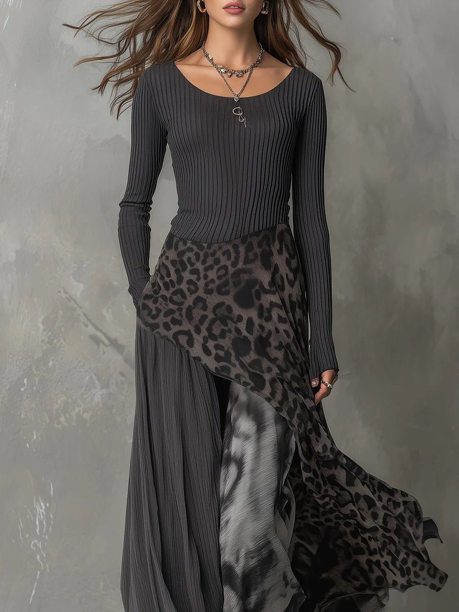 Damen Langarmkleid Maxi Rippstrick Leopardenmuster Chiffon unregelmäßiger Saum