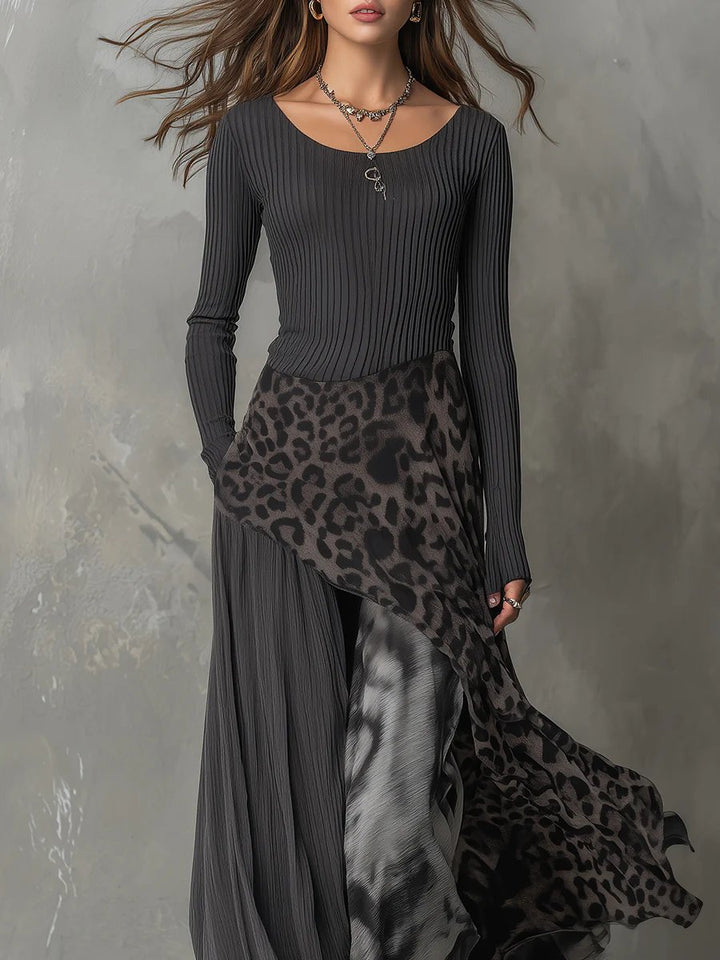 Damen Langarmkleid Maxi Rippstrick Leopardenmuster Chiffon unregelmäßiger Saum