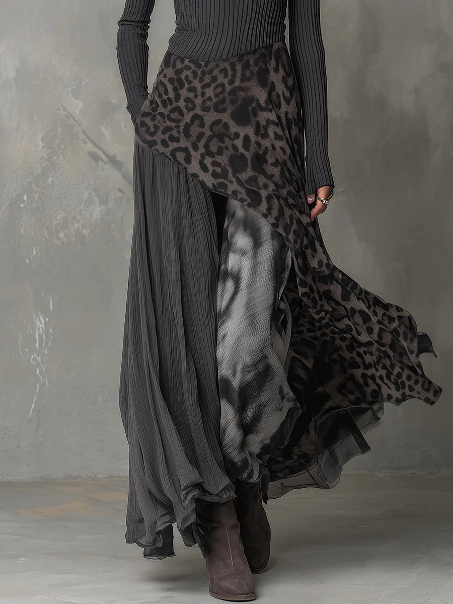 Damen Langarmkleid Maxi Rippstrick Leopardenmuster Chiffon unregelmäßiger Saum