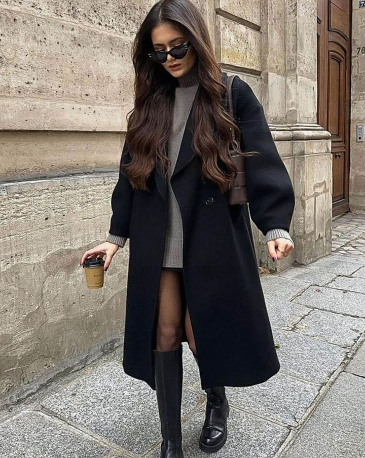 Damen Langer Doppelreihiger Wollmantel aus Wolle mit Gürtel - Schwarz