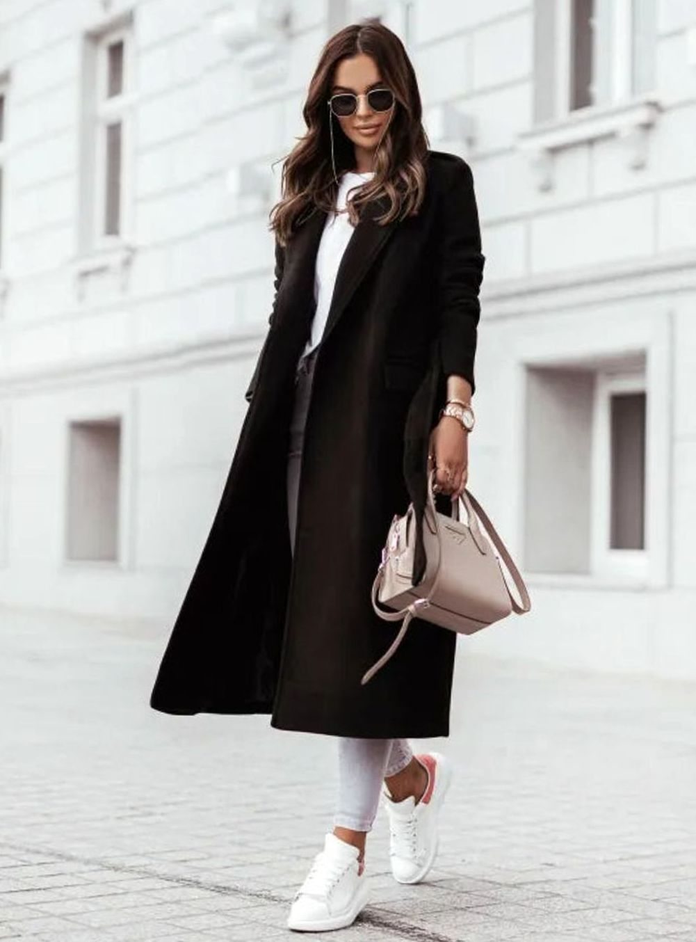 Damen Langer Gürtel-Mantel im lässigen Streetstyle
