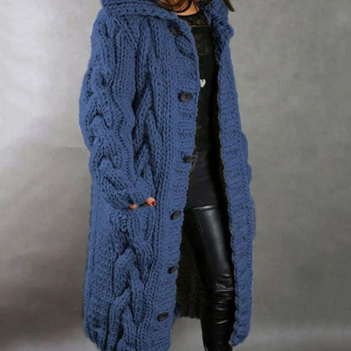 Damen Langer Kapuzen-Strickcardigan für den Winter mit Knopfleiste - Blau