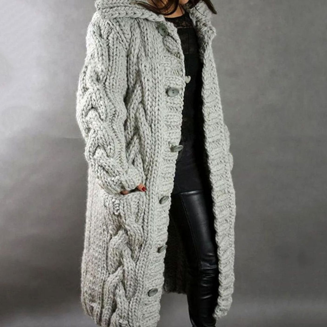 Damen Langer Kapuzen-Strickcardigan für den Winter mit Knopfleiste - Silbergrau