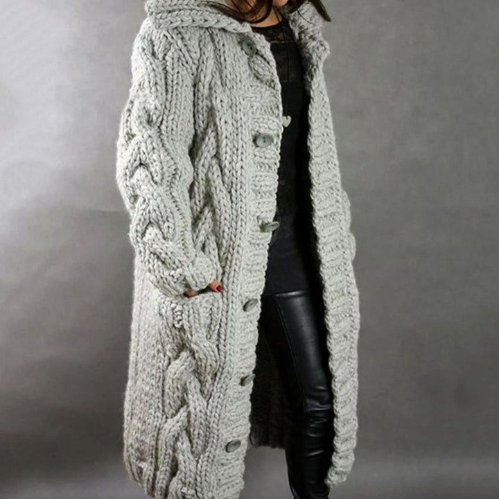 Damen Langer Kapuzen-Strickcardigan für den Winter mit Knopfleiste - Silbergrau