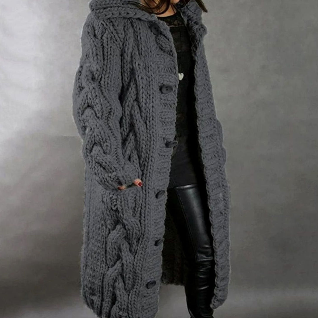 Damen Langer Kapuzen-Strickcardigan für den Winter mit Knopfleiste - Dunkelgrau