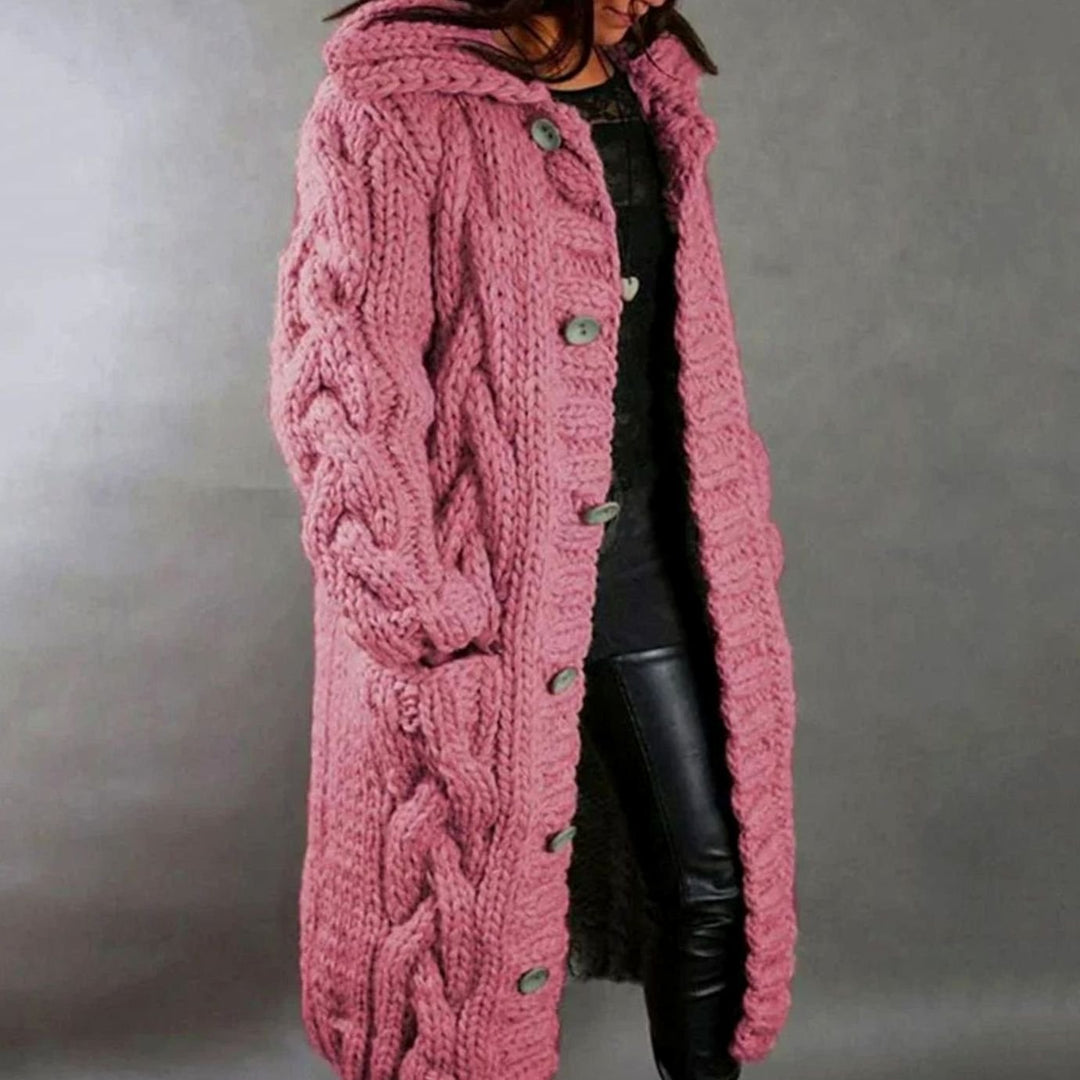 Damen Langer Kapuzen-Strickcardigan für den Winter mit Knopfleiste - Rosa
