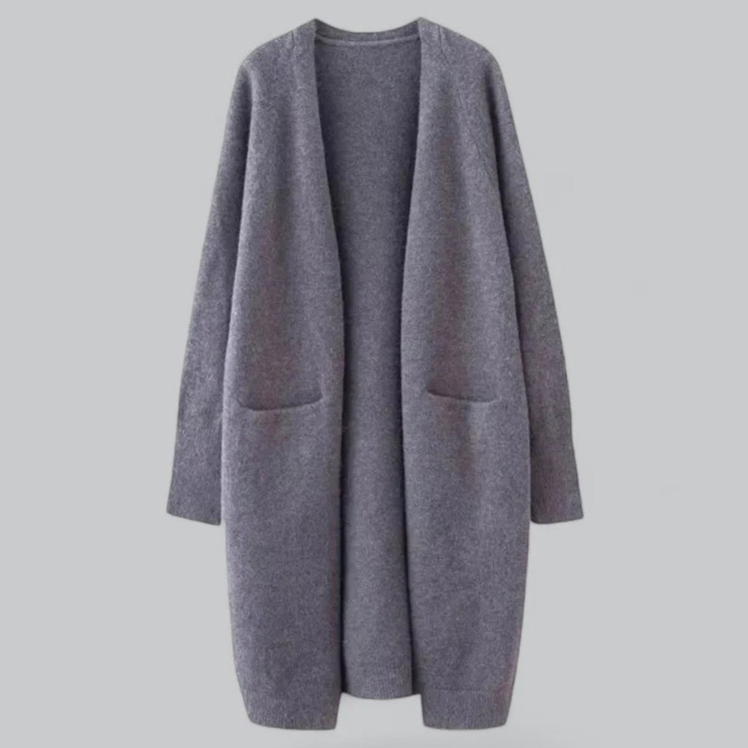 Damen Langer Offener-Front Oversized Strickjacke mit Taschen - Dunkelgrau