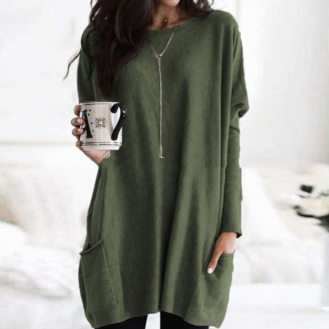 Damen Langer Pullover Rundhals Oversized mit Taschen - Dunkelgrün