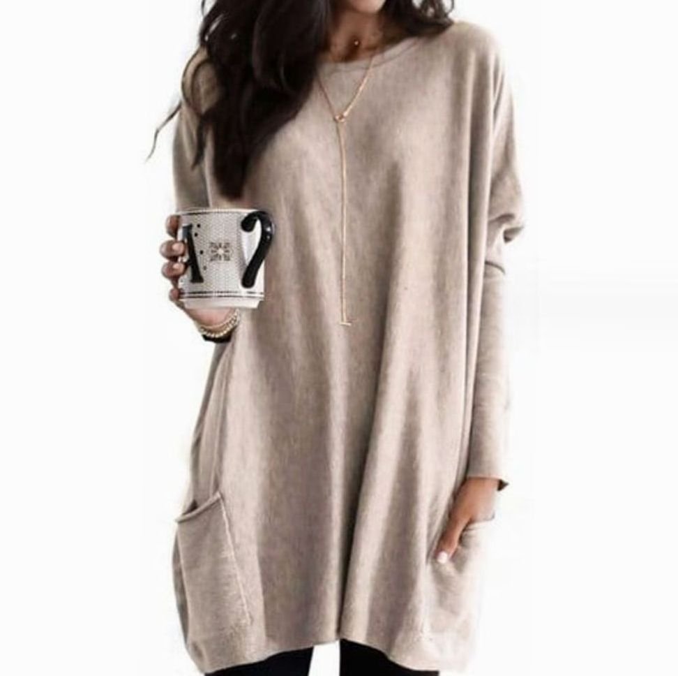 Damen Langer Pullover Rundhals Oversized mit Taschen - Beige