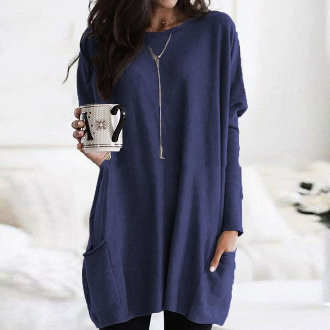 Damen Langer Pullover Rundhals Oversized mit Taschen - Blau