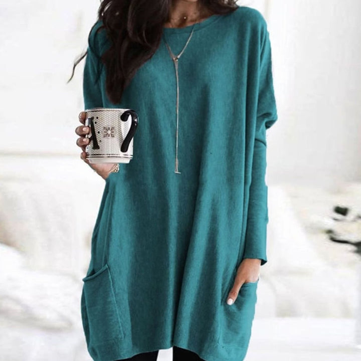 Damen Langer Pullover Rundhals Oversized mit Taschen - Hellgrün