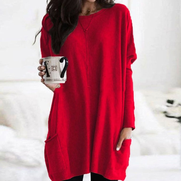 Damen Langer Pullover Rundhals Oversized mit Taschen - Rot