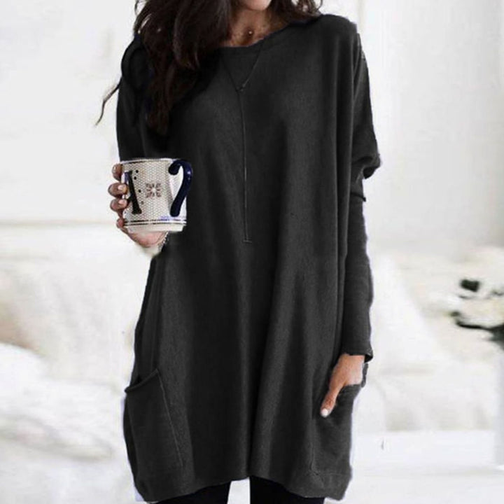 Damen Langer Pullover Rundhals Oversized mit Taschen - Schwarz