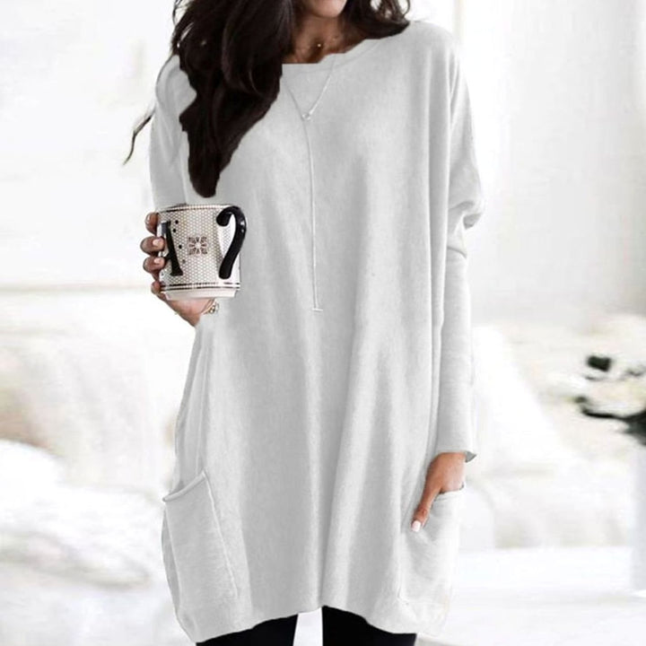 Damen Langer Pullover Rundhals Oversized mit Taschen - Weiß