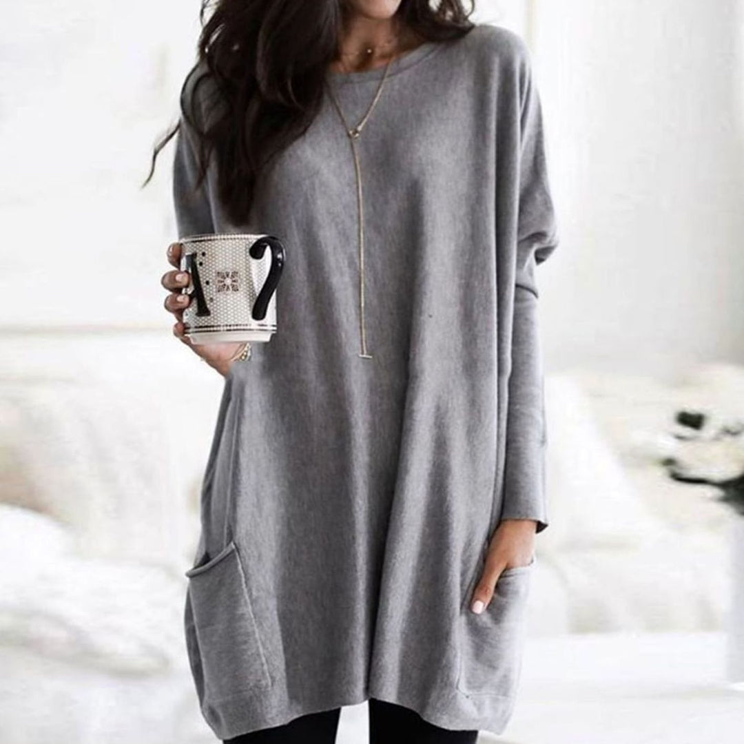 Damen Langer Pullover Rundhals Oversized mit Taschen - Grau