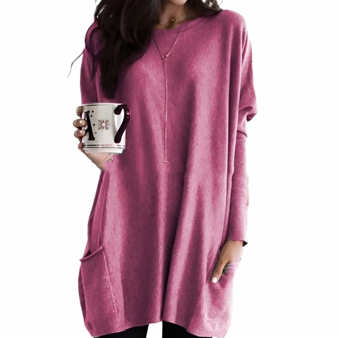 Damen Langer Pullover Rundhals Oversized mit Taschen - Rosa