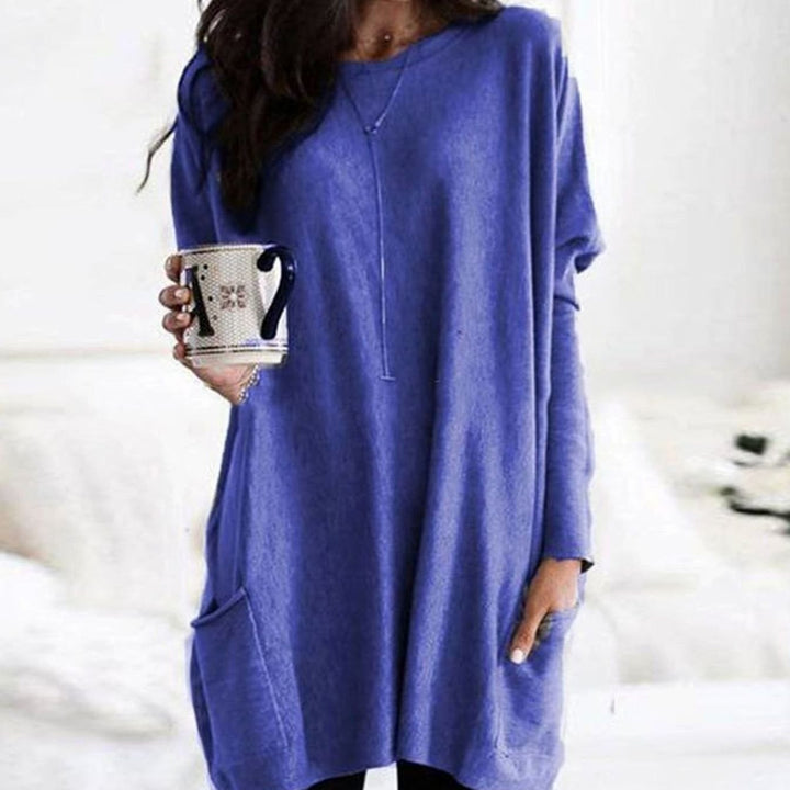 Damen Langer Pullover Rundhals Oversized mit Taschen - Lila