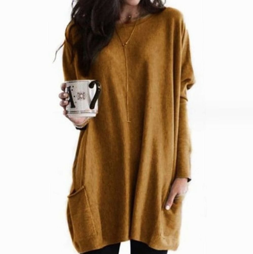 Damen Langer Pullover Rundhals Oversized mit Taschen - Khaki