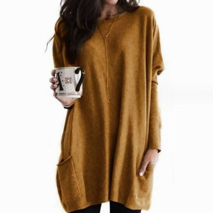 Damen Langer Pullover Rundhals Oversized mit Taschen - Khaki