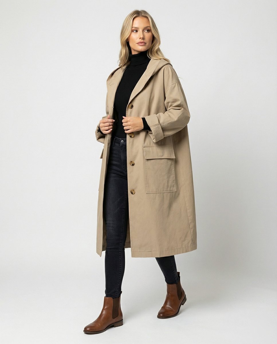 Damen Langer Wasserabweisender Windproof Trench Coat mit Kapuze - Beige