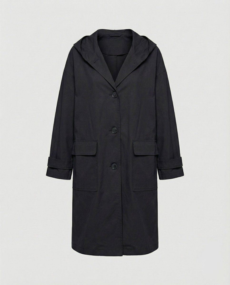 Damen Langer Wasserabweisender Windproof Trench Coat mit Kapuze - Schwarz