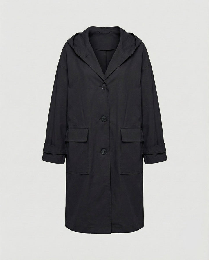 Damen Langer Wasserabweisender Windproof Trench Coat mit Kapuze - Schwarz