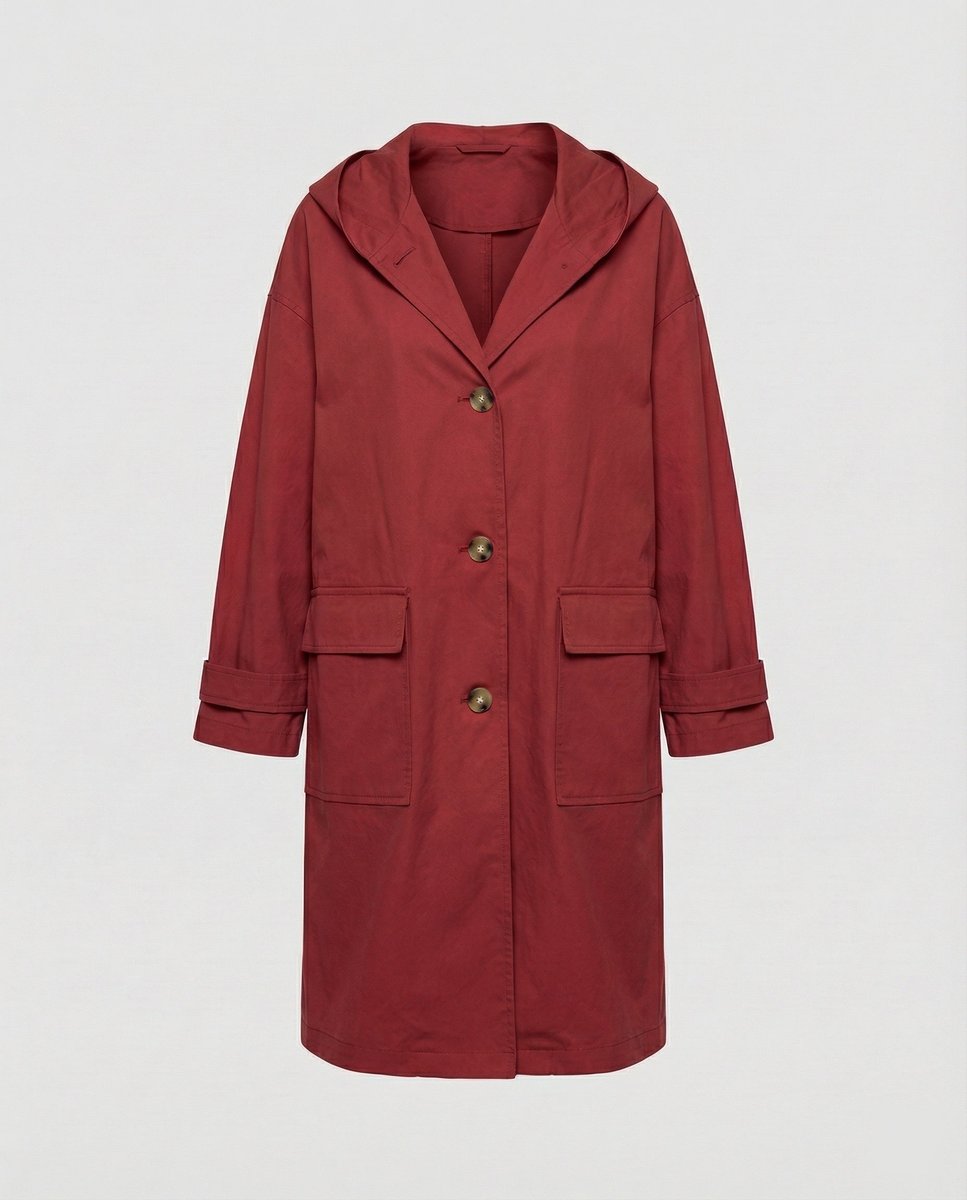 Damen Langer Wasserabweisender Windproof Trench Coat mit Kapuze - Rot