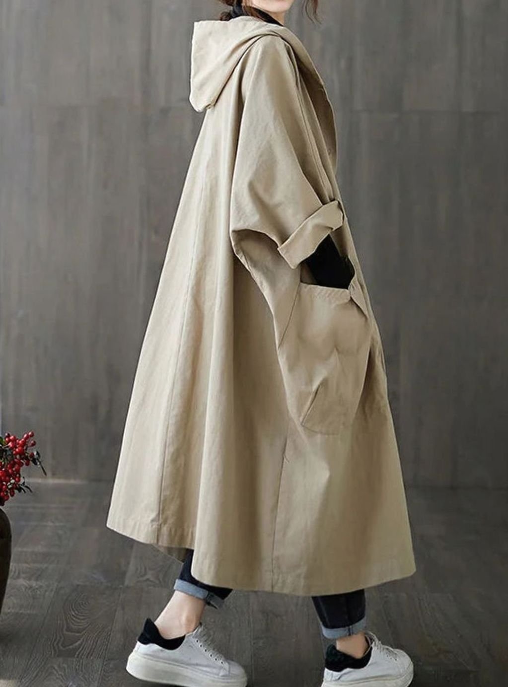 Damen Langer Wasserdichter Kapuzenmantel mit Weitem Schnitt - Beige