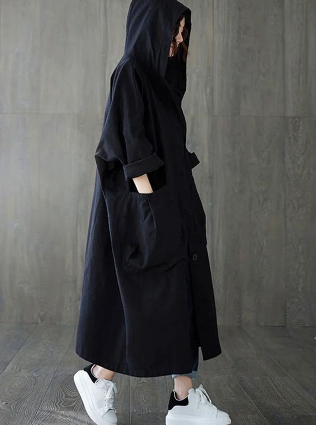 Damen Langer Wasserdichter Kapuzenmantel mit Weitem Schnitt