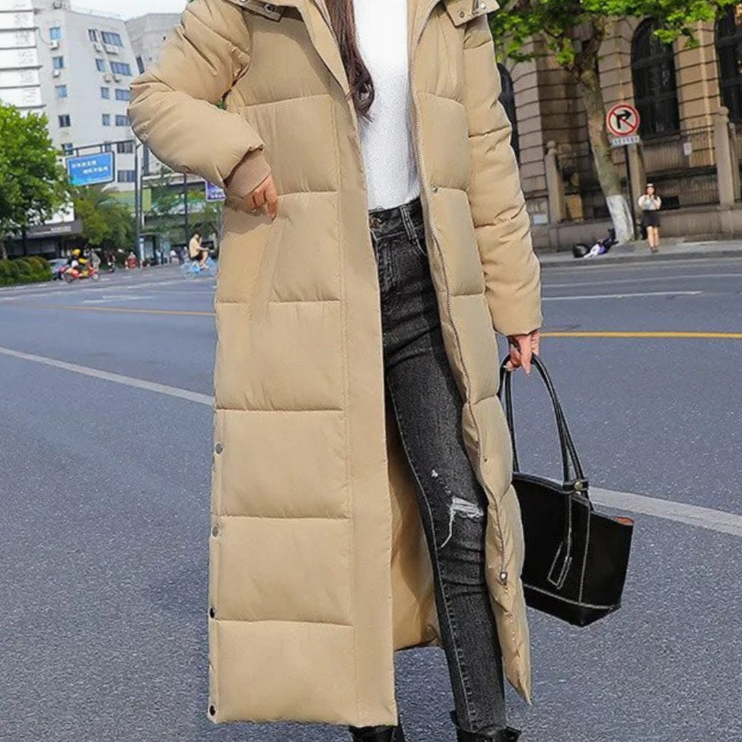 Damen Langer Wärmegedämmter Stehkragen Steppmantel - Khaki