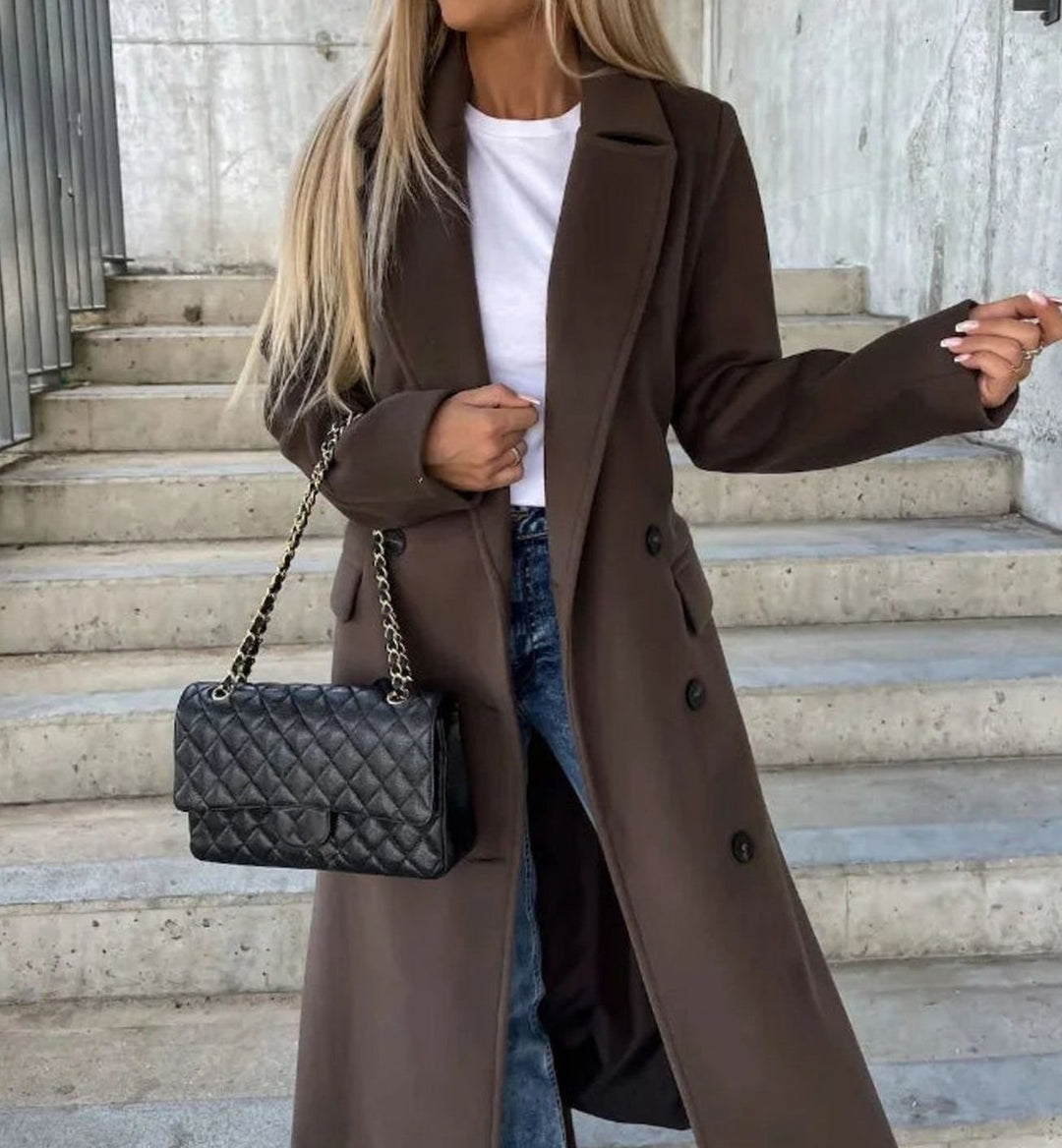 Damen Langer Zweireihiger Wintermantel Eleganter Longmantel - Dunkelbraun
