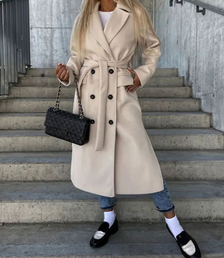 Damen Langer Zweireihiger Wintermantel Eleganter Longmantel - Khaki