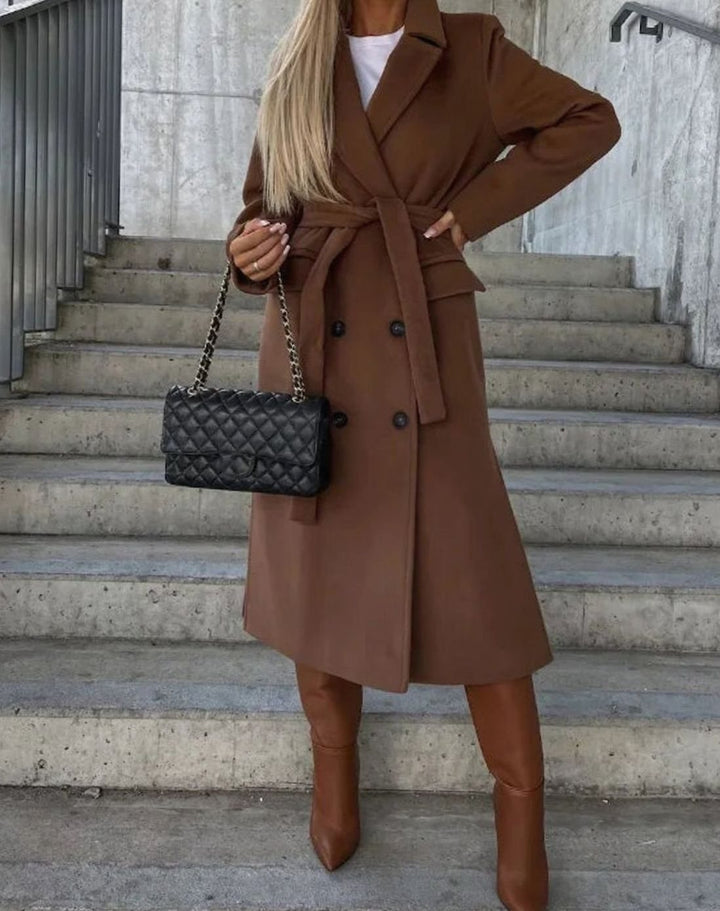 Damen Langer Zweireihiger Wintermantel Eleganter Longmantel - Braun