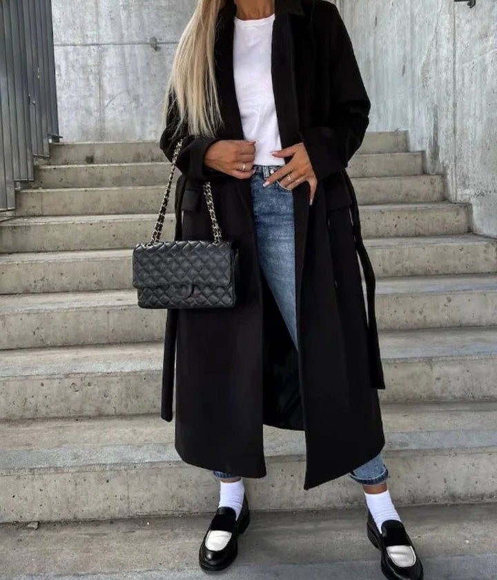 Damen Langer Zweireihiger Wintermantel Eleganter Longmantel - Schwarz