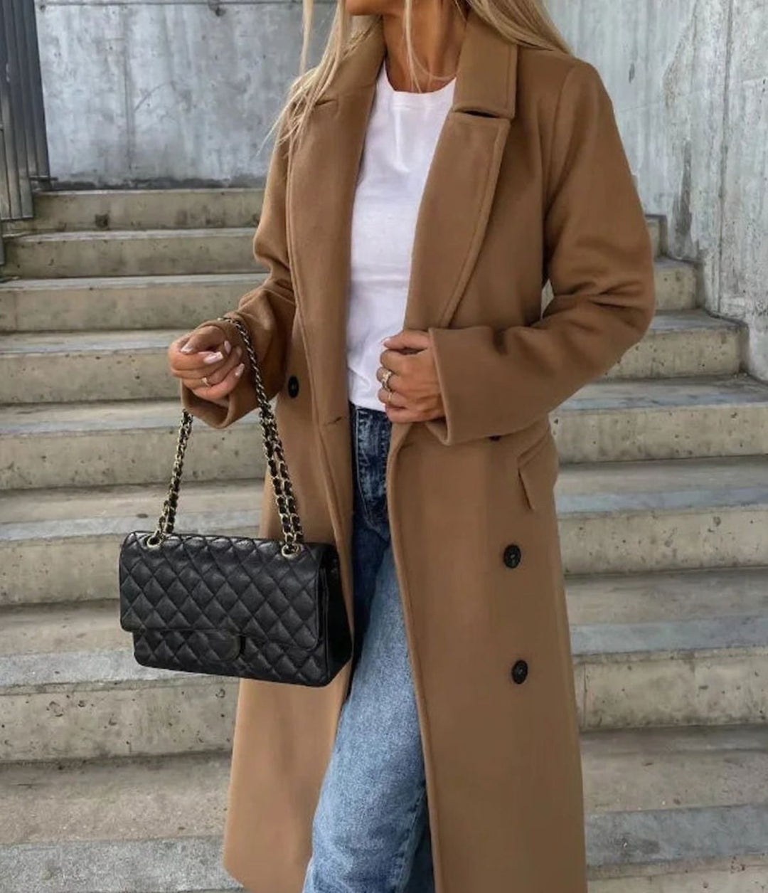 Damen Langer Zweireihiger Wintermantel Eleganter Longmantel - Hellbraun