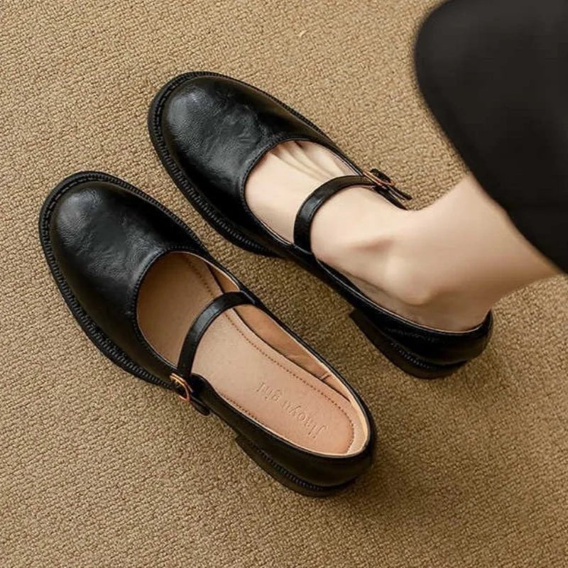 Damen Leder Mary-Jane-Schuhe Verstellbarer Riemen Niedriger Blockabsatz