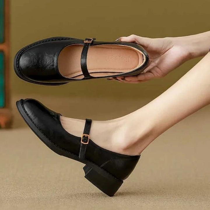 Damen Leder Mary-Jane-Schuhe Verstellbarer Riemen Niedriger Blockabsatz - Black