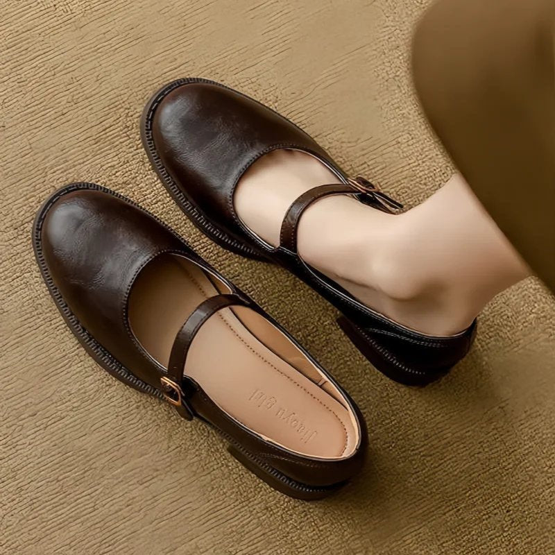 Damen Leder Mary-Jane-Schuhe Verstellbarer Riemen Niedriger Blockabsatz