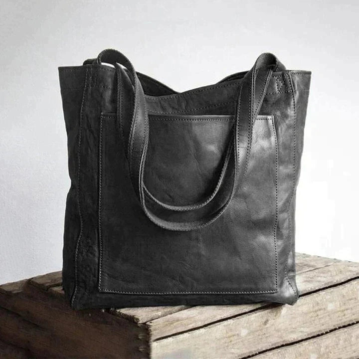 Damen Leder Tote Bag Geräumige Schultertasche im Vintage-Stil - Schwarz