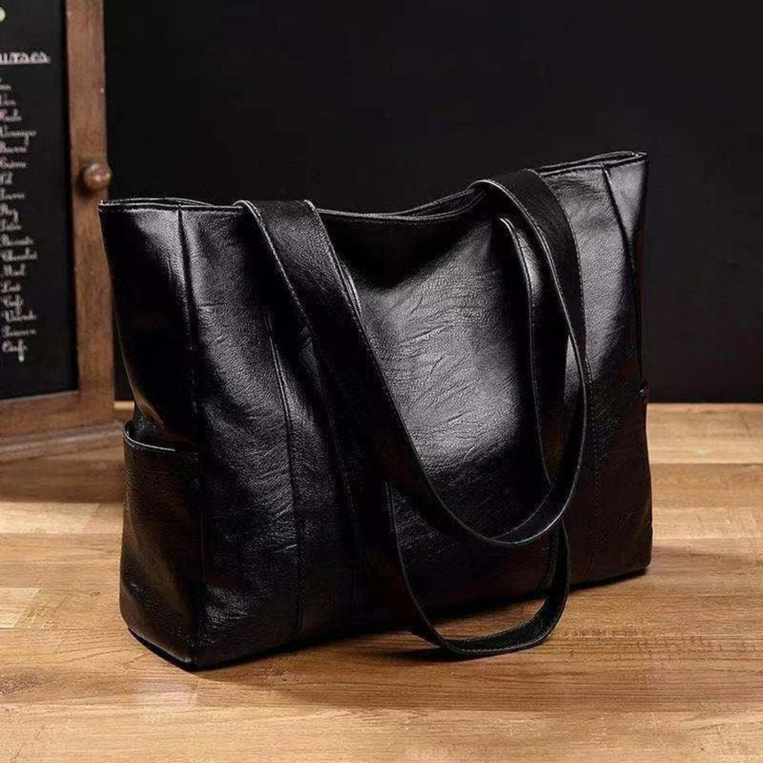 Damen Leder Tote Bag Große Kapazität Vintage Schultertasche - Schwarz