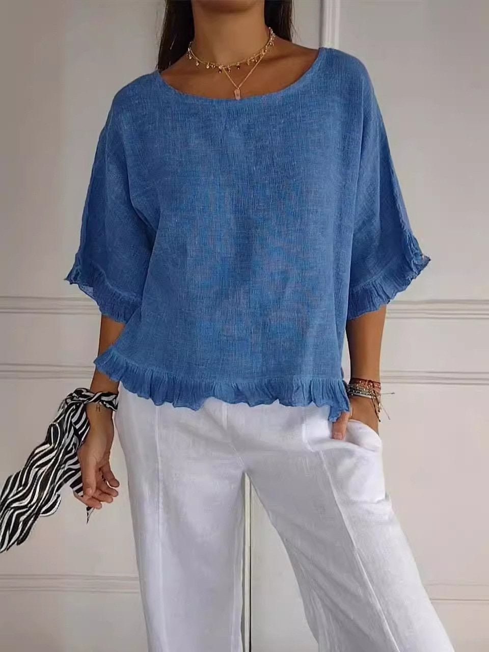 Damen Leichte Rüschen Bluse Kurze Ärmel - Blue (Almost sold out)